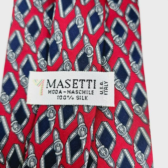 Masetti Silk Tie Belt Print Red Blue Geometric USA Made Gift Classic Office Work - Picture 2 of 11
